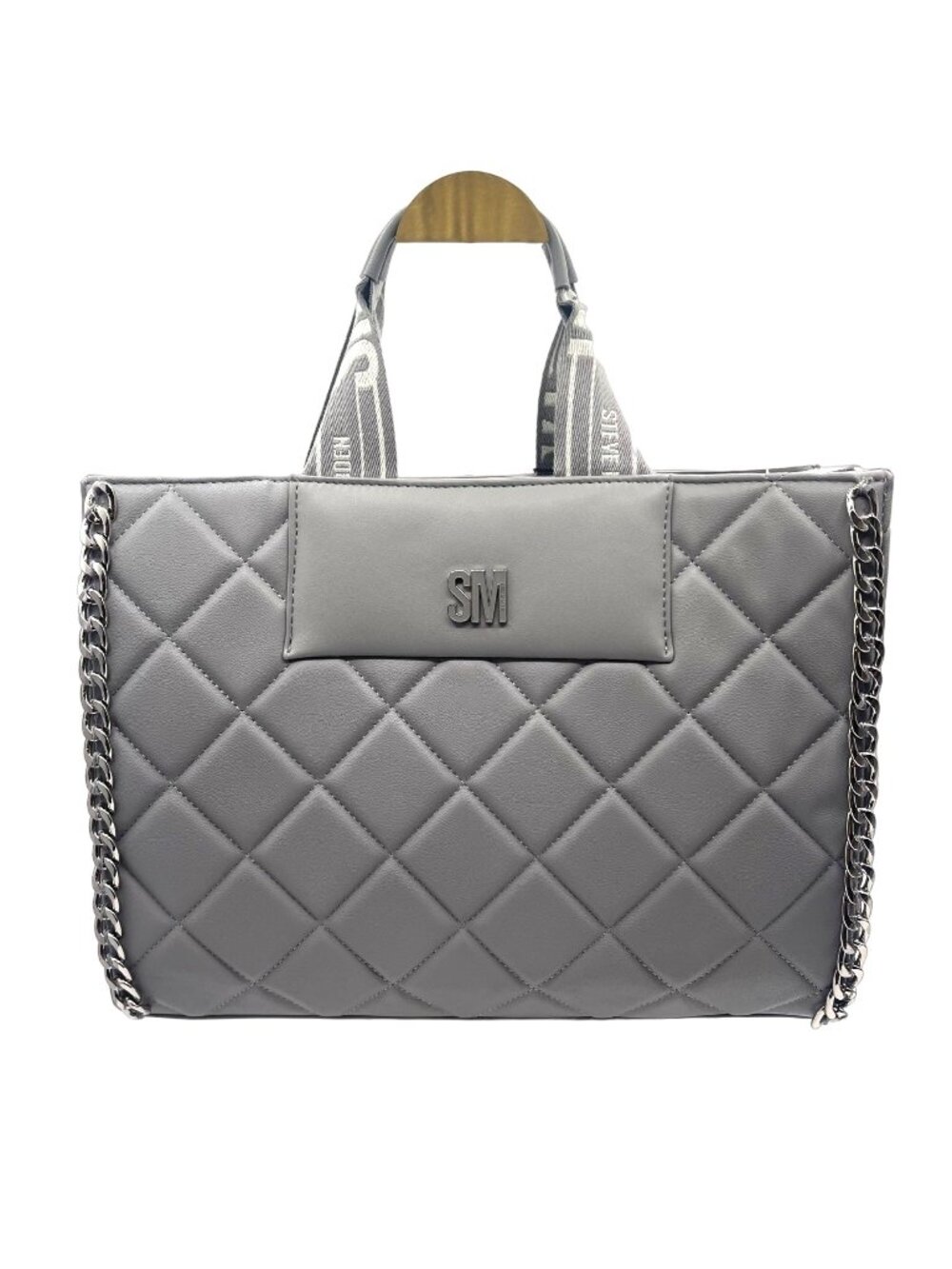 NWT Steve Madden Gray Faux Leather Quilted Large Shoulder Bag Silver Chain Trim